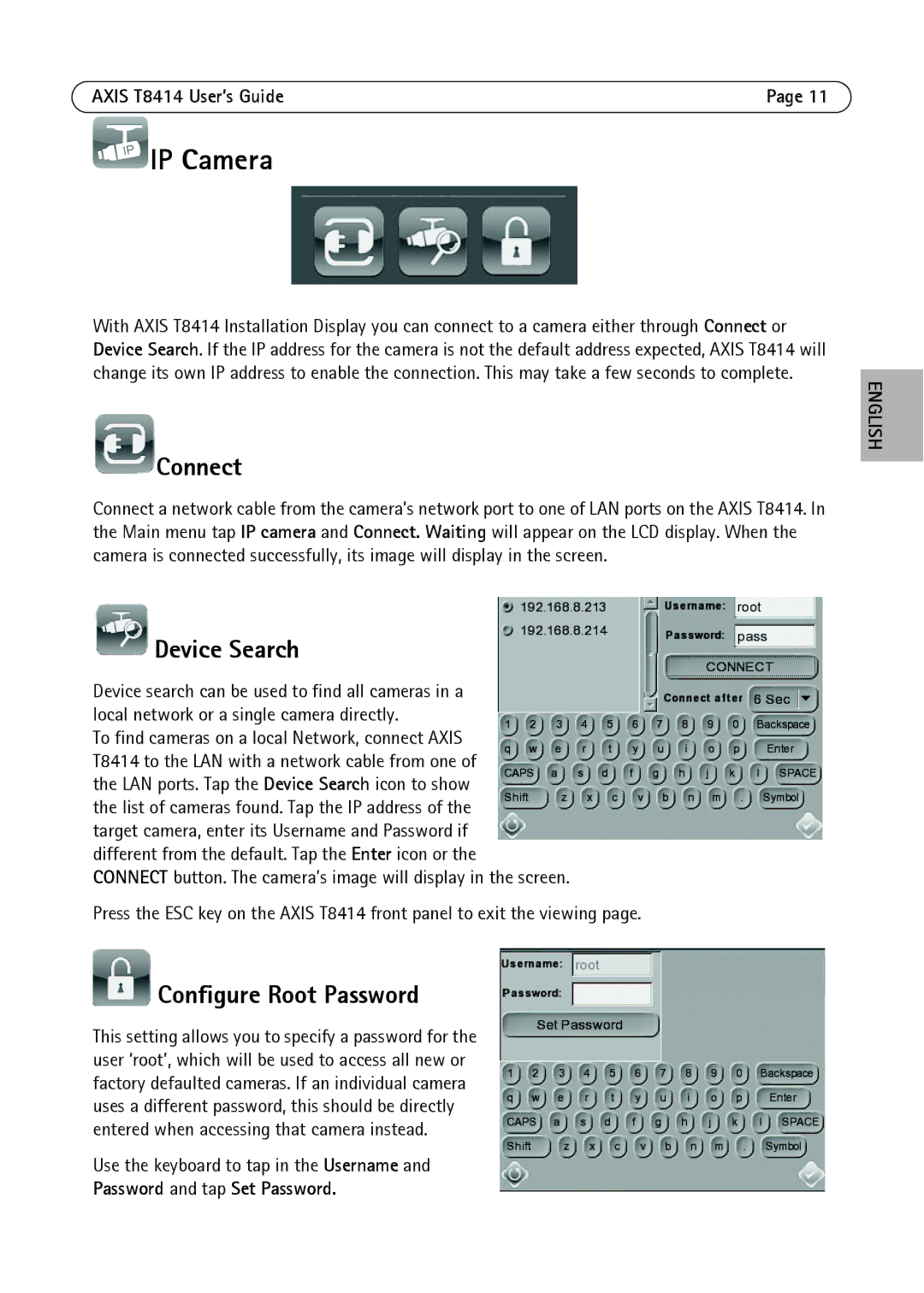 Axis Communications T8414 manual IP Camera, Connect, Device Search, Configure Root Password 