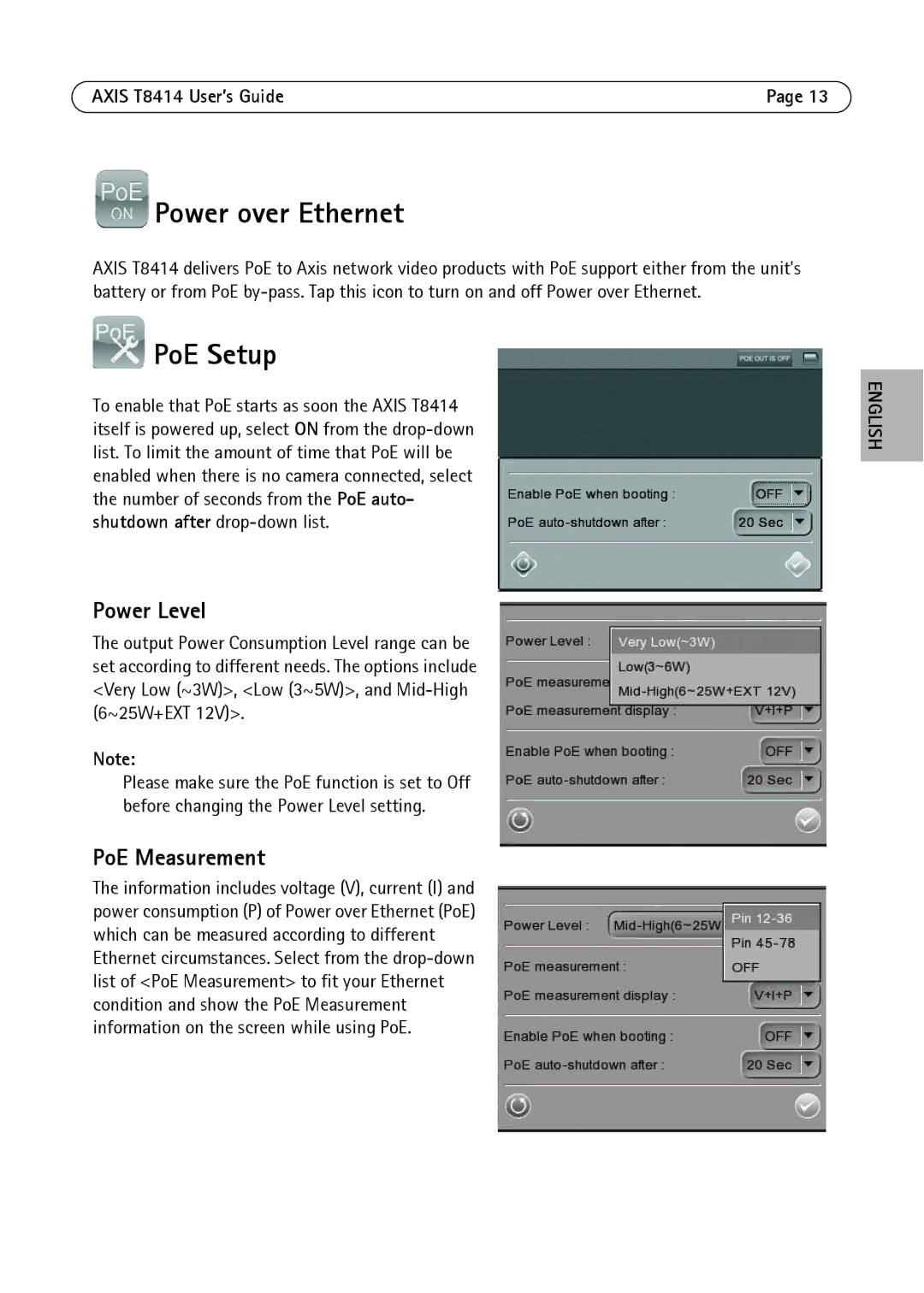 Axis Communications T8414 manual Power over Ethernet, PoE Setup, Power Level, PoE Measurement 