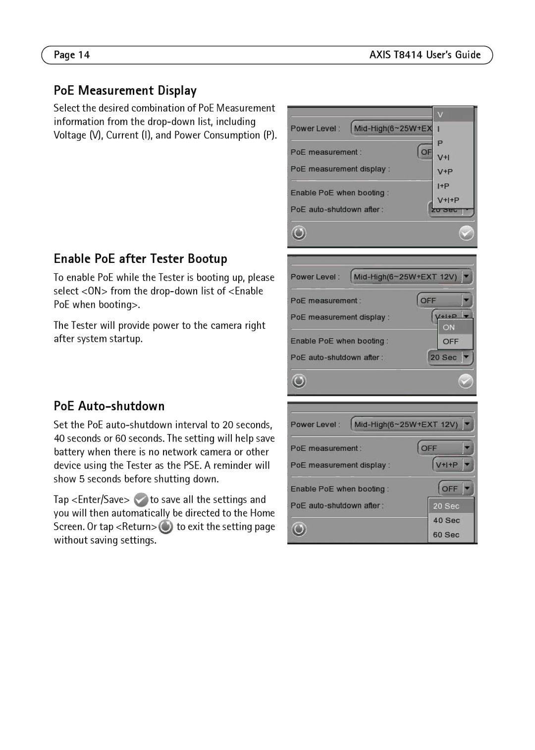 Axis Communications T8414 manual PoE Measurement Display, Enable PoE after Tester Bootup, PoE Auto-shutdown 