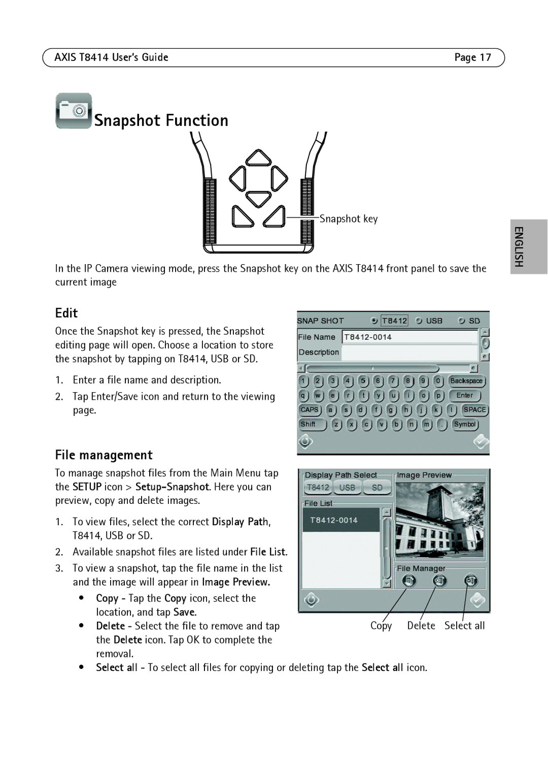 Axis Communications T8414 manual Snapshot Function, Edit, File management 