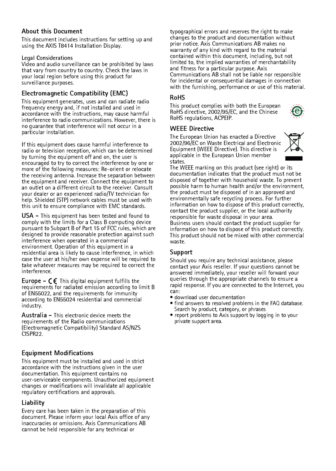 Axis Communications T8414 About this Document, Electromagnetic Compatibility EMC, Equipment Modifications, Liability, RoHS 