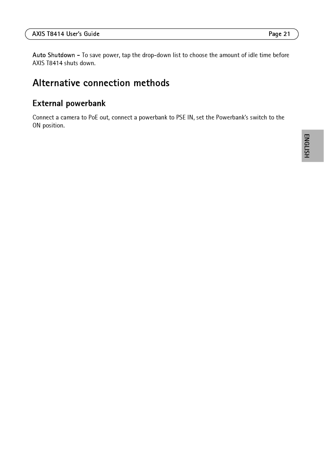 Axis Communications T8414 manual Alternative connection methods, External powerbank 