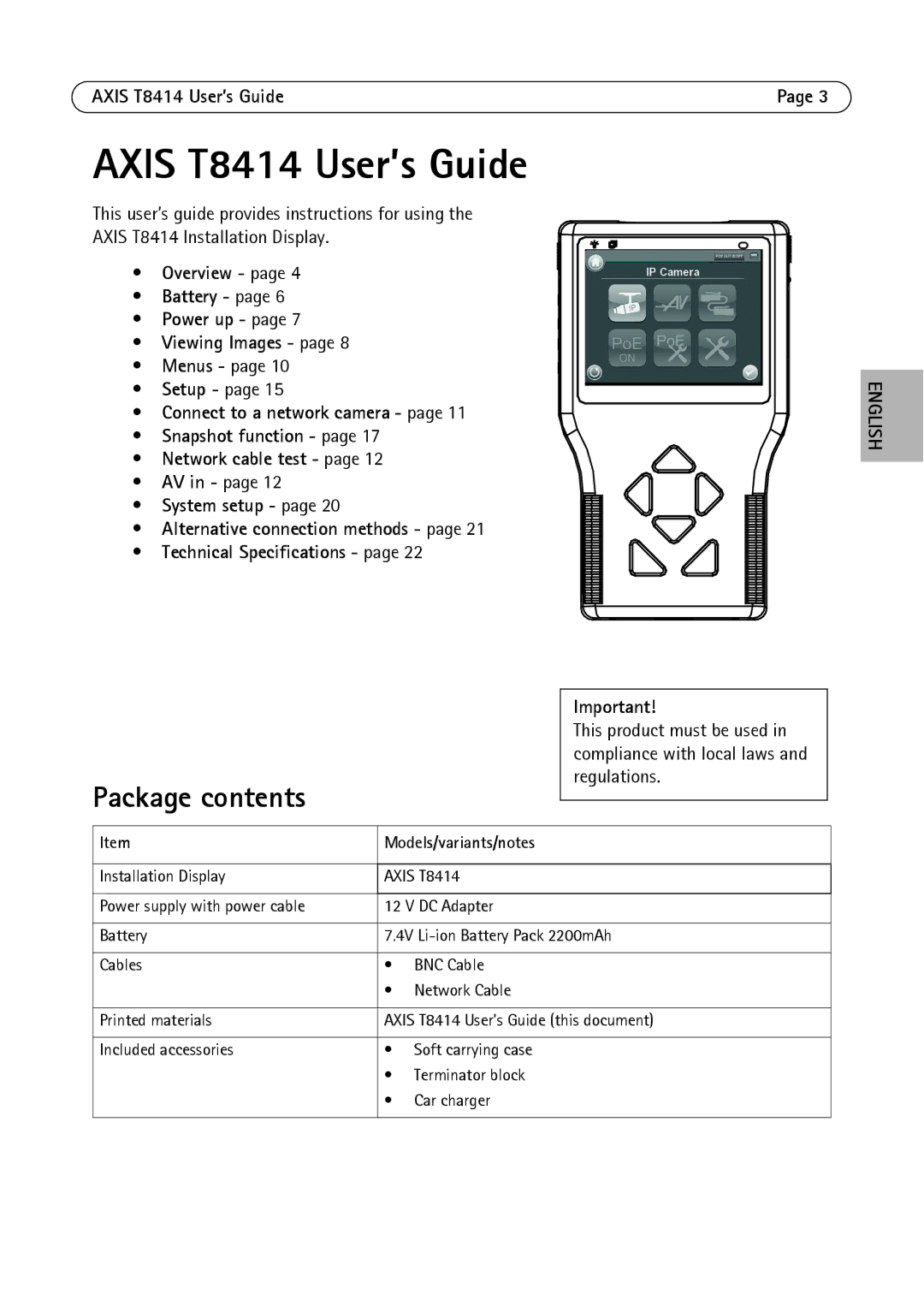 Axis Communications manual Axis T8414 User’s Guide, Package contents 