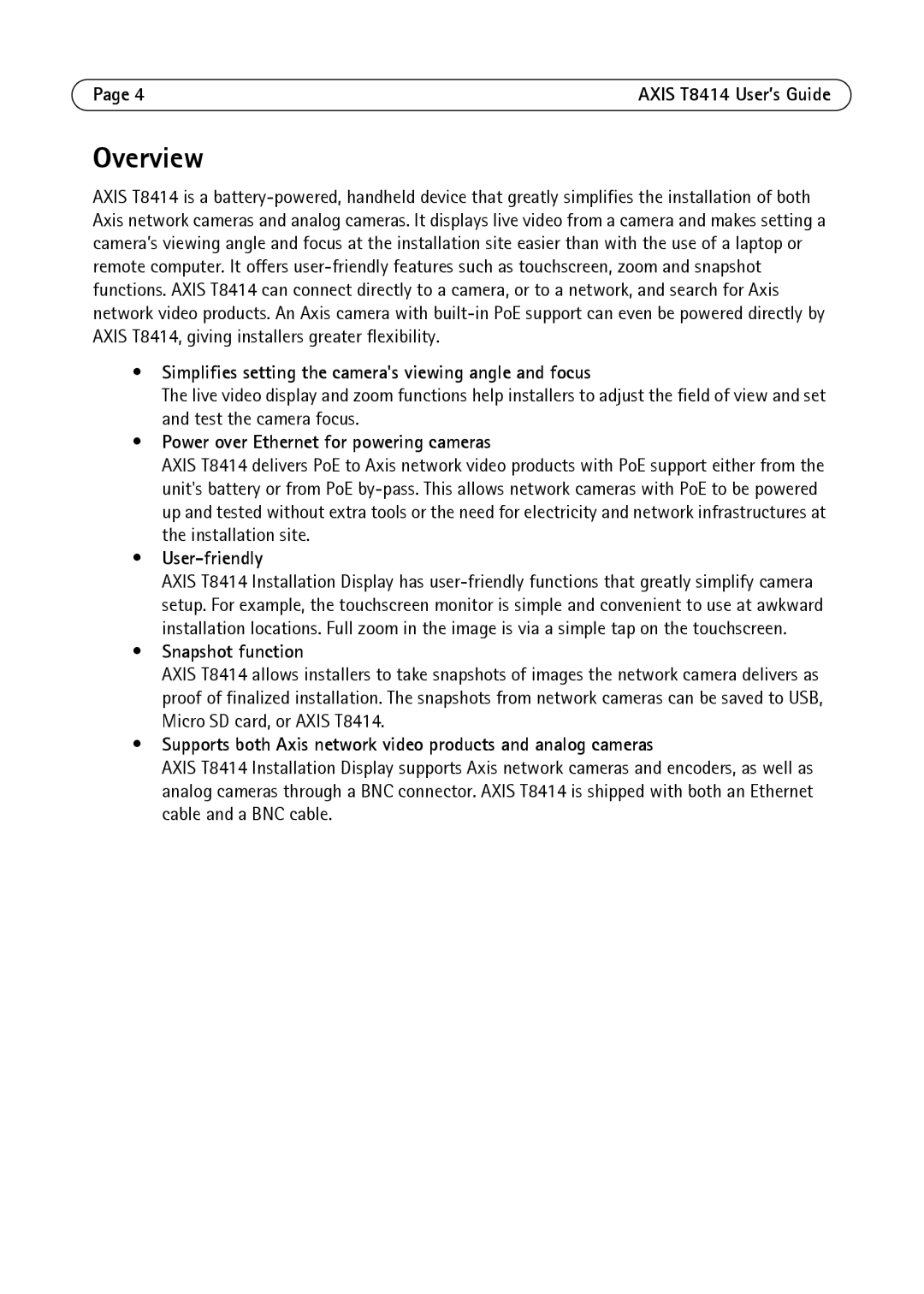 Axis Communications T8414 manual Overview, Simplifies setting the cameras viewing angle and focus, User-friendly 