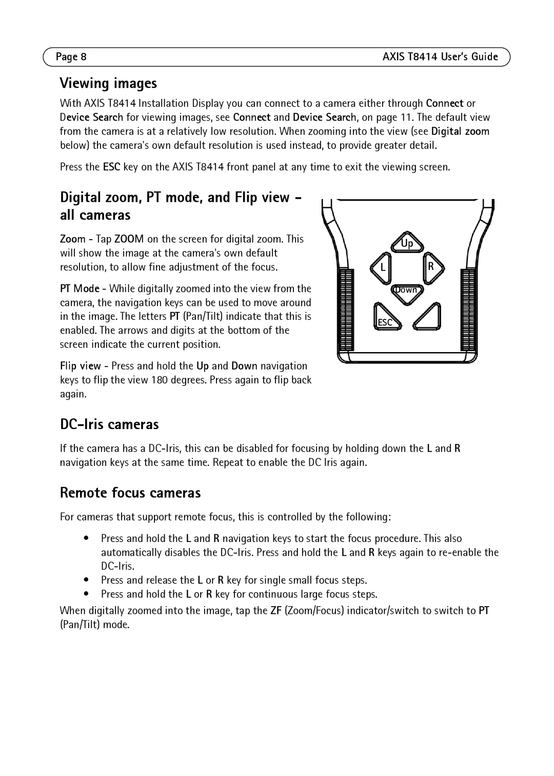 Axis Communications T8414 manual Viewing images, Digital zoom, PT mode, and Flip view all cameras, DC-Iris cameras 