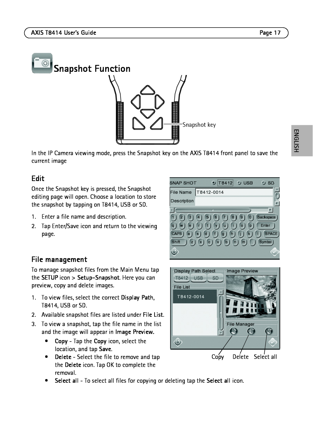 Axis Communications T8414 manual Snapshot Function, Edit, File management 
