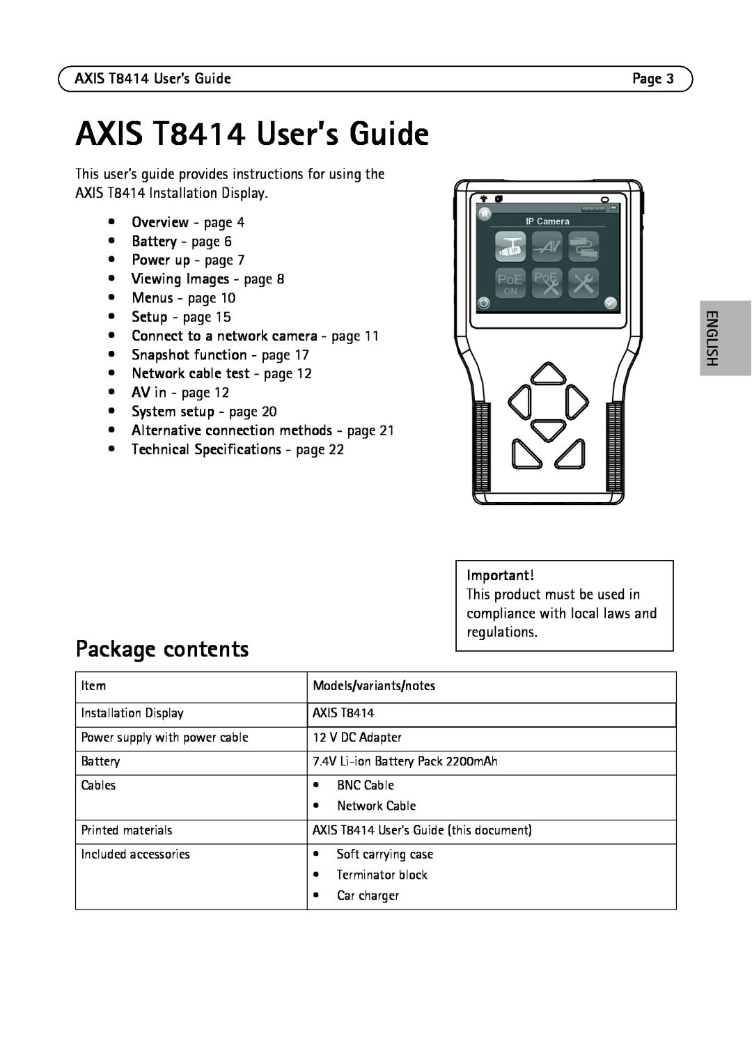 Axis Communications manual Package contents, AXIS T8414 User’s Guide 