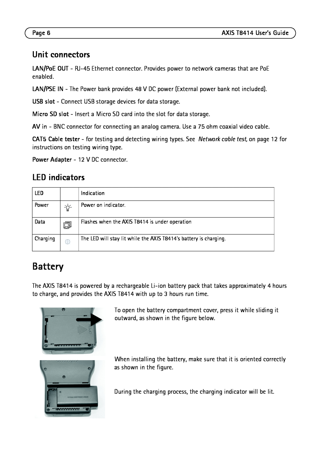 Axis Communications T8414 manual Battery, Unit connectors, LED indicators 