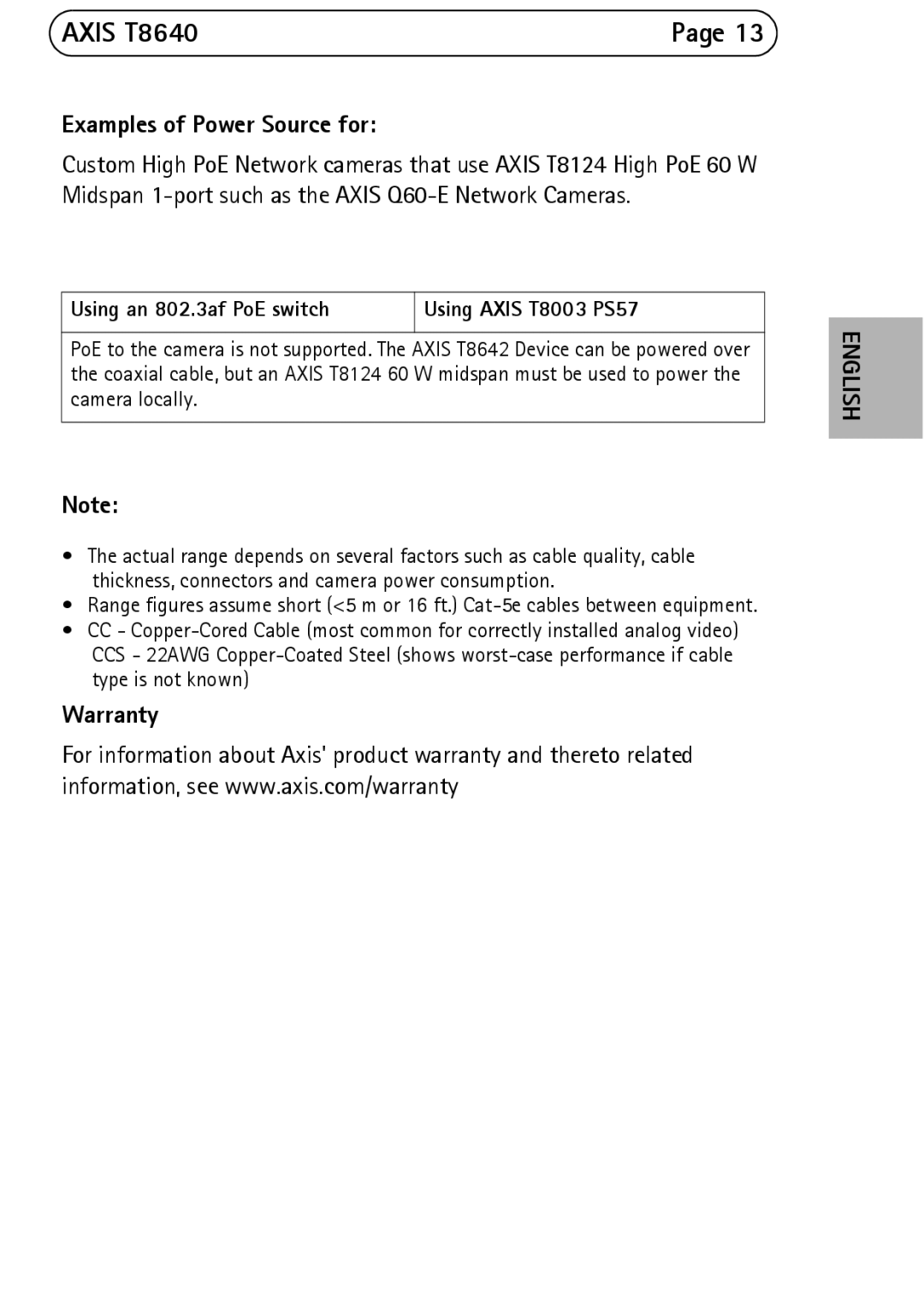 Axis Communications T8640 manual Warranty 