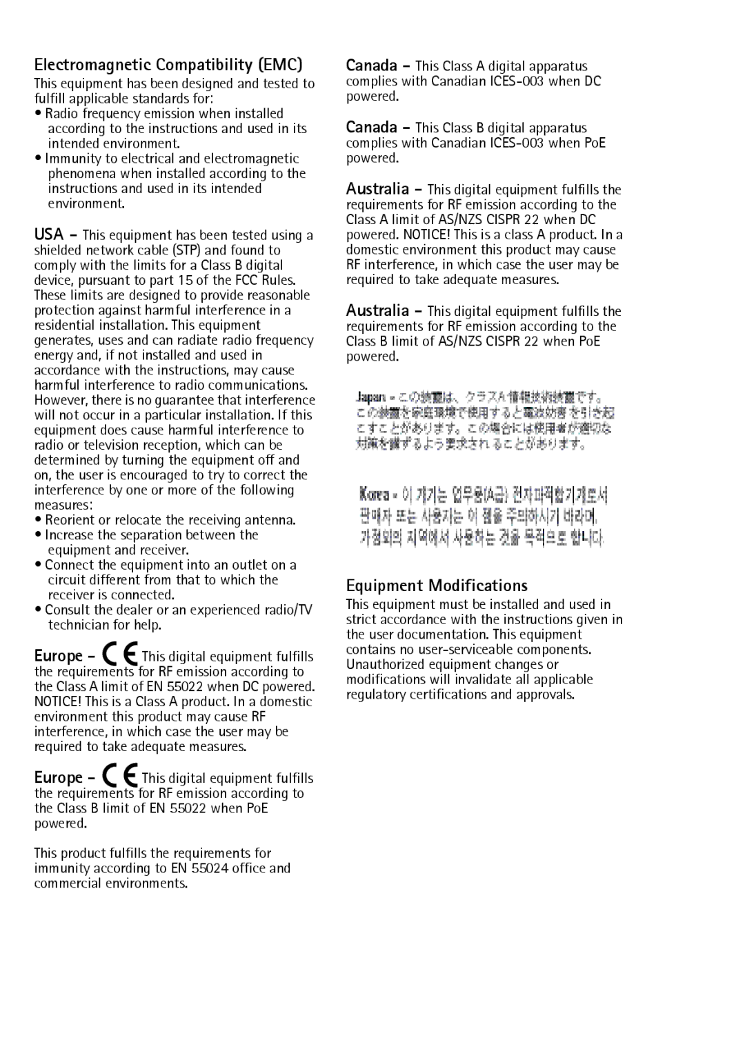 Axis Communications T8640 manual Electromagnetic Compatibility EMC, Equipment Modifications 