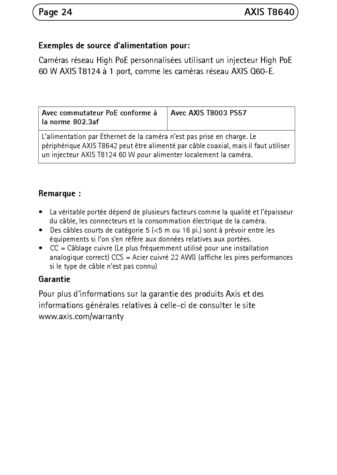 Axis Communications T8640 manual Remarque, Garantie 