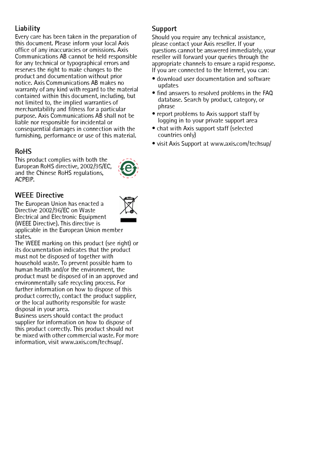 Axis Communications T8640 manual Liability, RoHS, Weee Directive, Support 