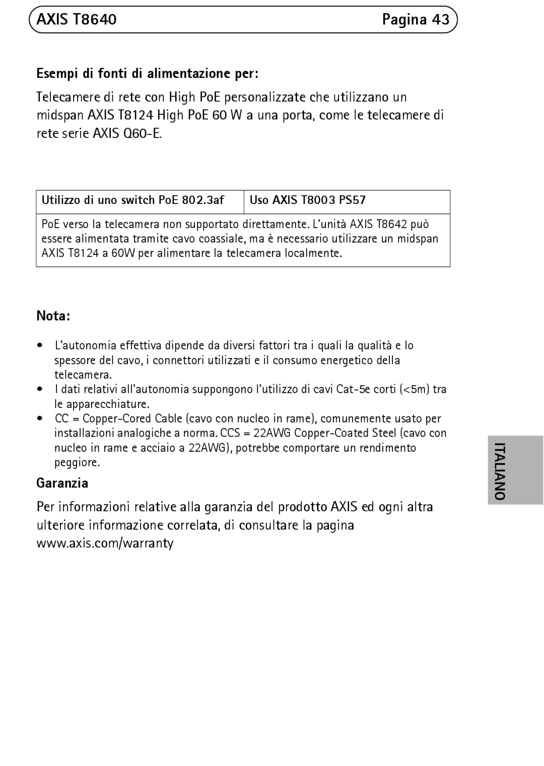 Axis Communications T8640 manual Nota, Garanzia 