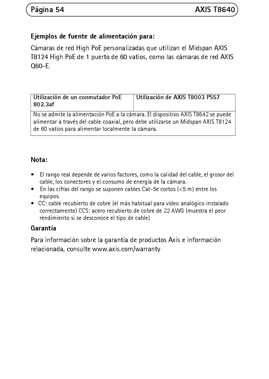 Axis Communications T8640 manual Nota, Garantía 