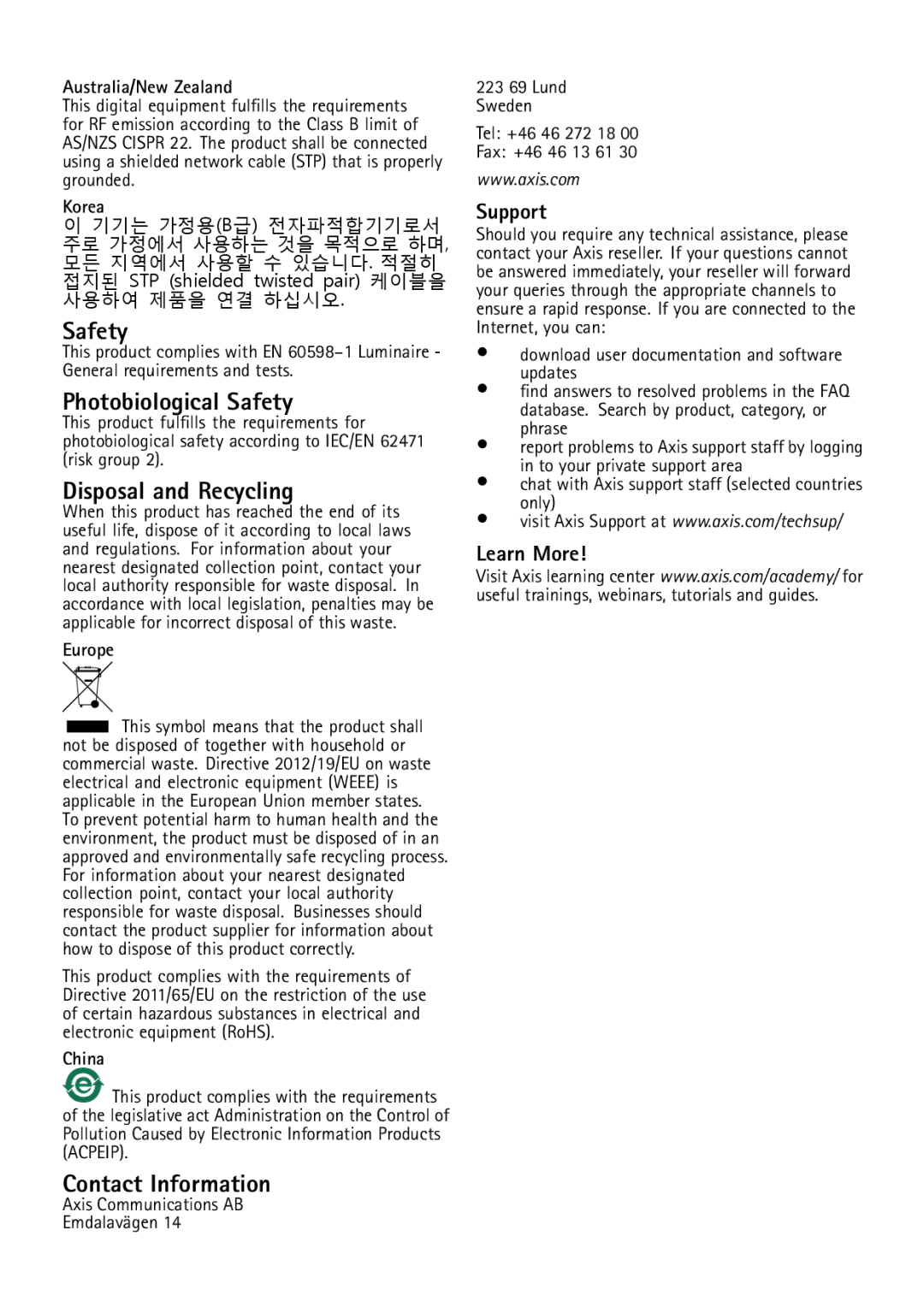 Axis Communications T90B20 IR-LED, T90B35 W-LED Photobiological Safety, Disposal and Recycling, Contact Information 