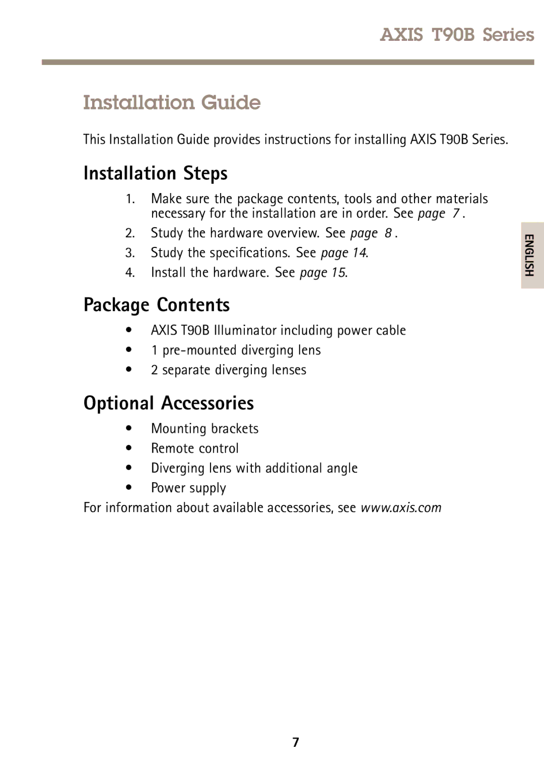 Axis Communications T90B40 IR-LED, T90B35 W-LED, T90B25 W-LED Installation Steps, Package Contents, Optional Accessories 