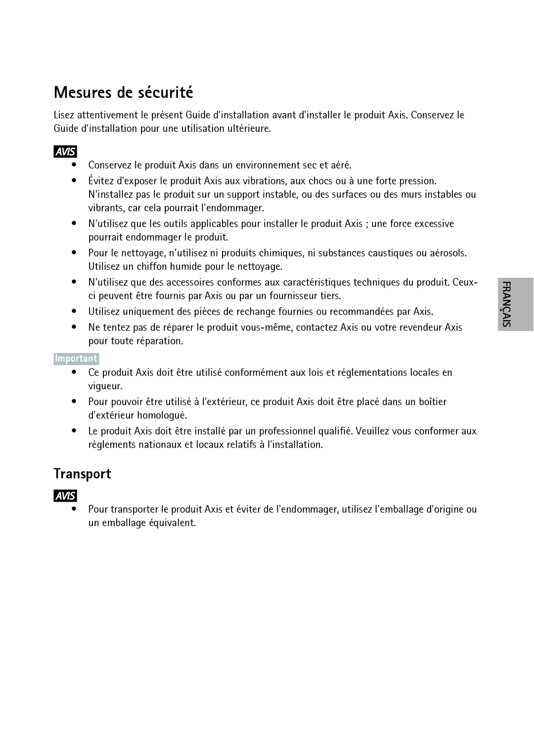 Axis Communications T90C20, T90C10 manual Mesures de sécurité, Transport 