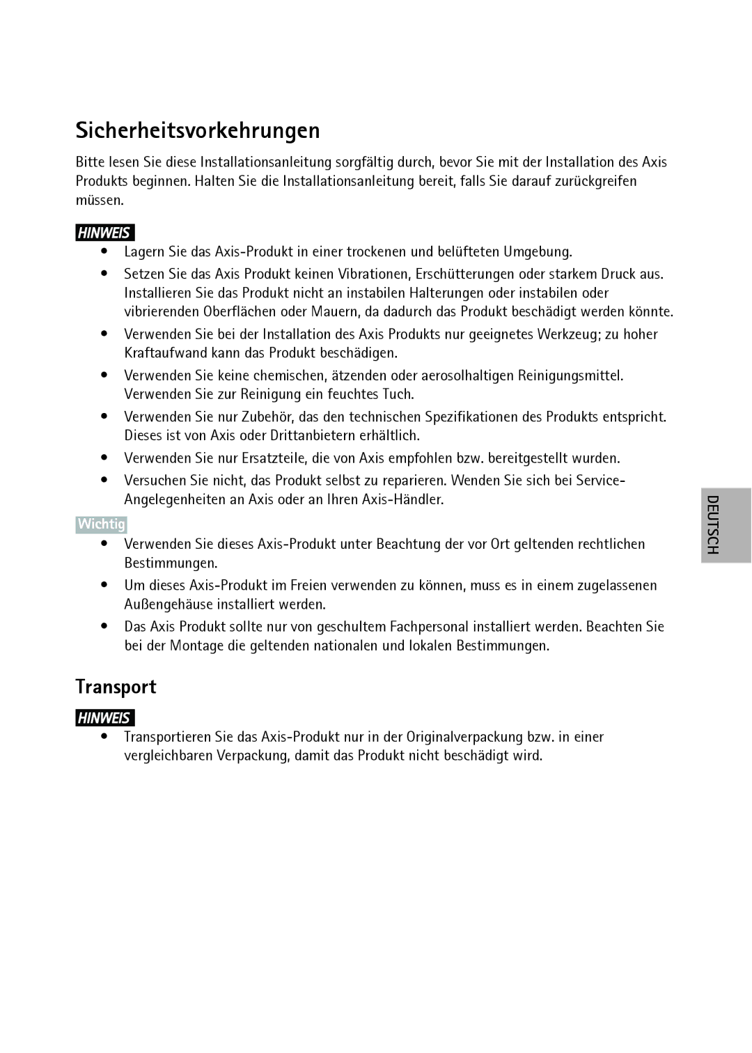 Axis Communications T90C20, T90C10 manual Sicherheitsvorkehrungen 