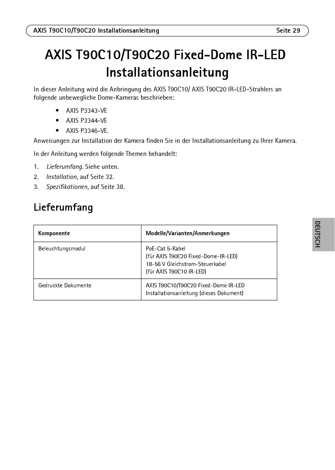 Axis Communications Lieferumfang, Axis T90C10/T90C20 Installationsanleitung, Komponente Modelle/Varianten/Anmerkungen 