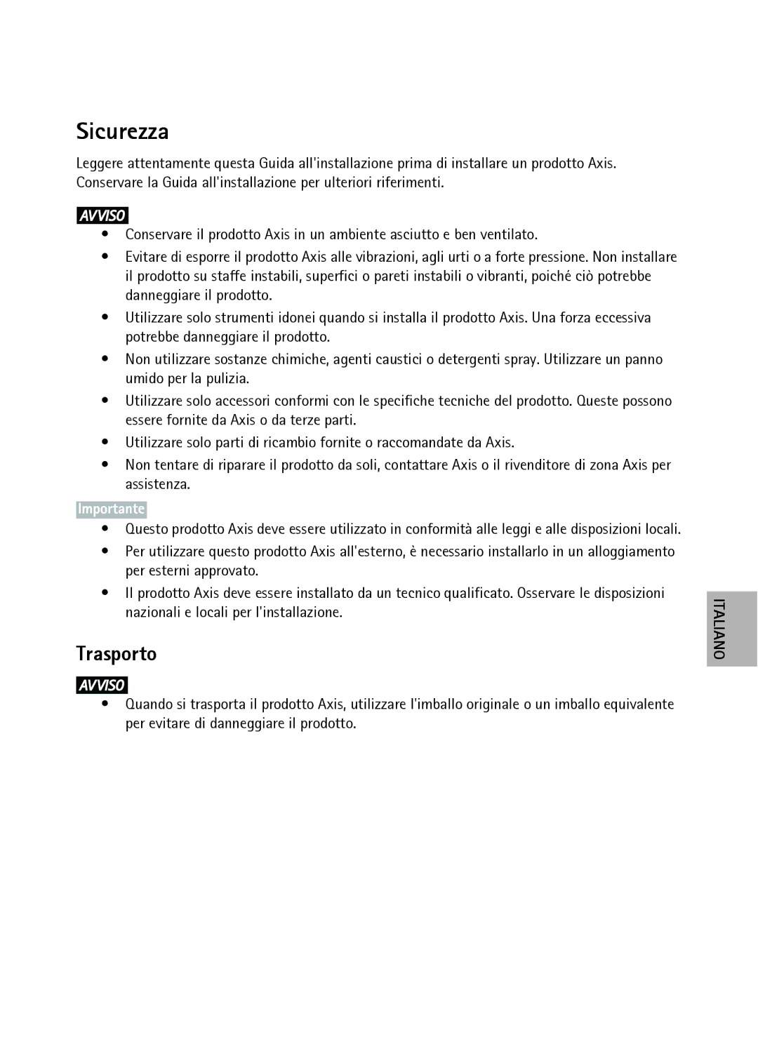 Axis Communications T90C20, T90C10 manual Sicurezza, Trasporto 