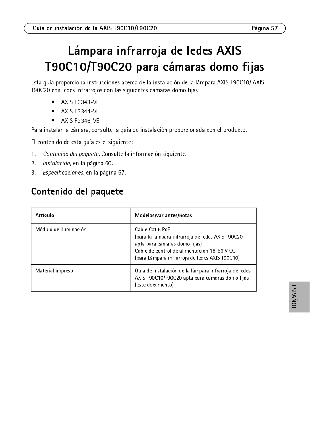 Axis Communications manual Contenido del paquete, Guía de instalación de la Axis T90C10/T90C20 