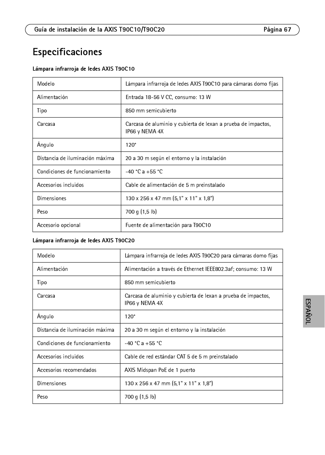 Axis Communications manual Especificaciones, Guía de instalación de la Axis T90C10/T90C20Página 