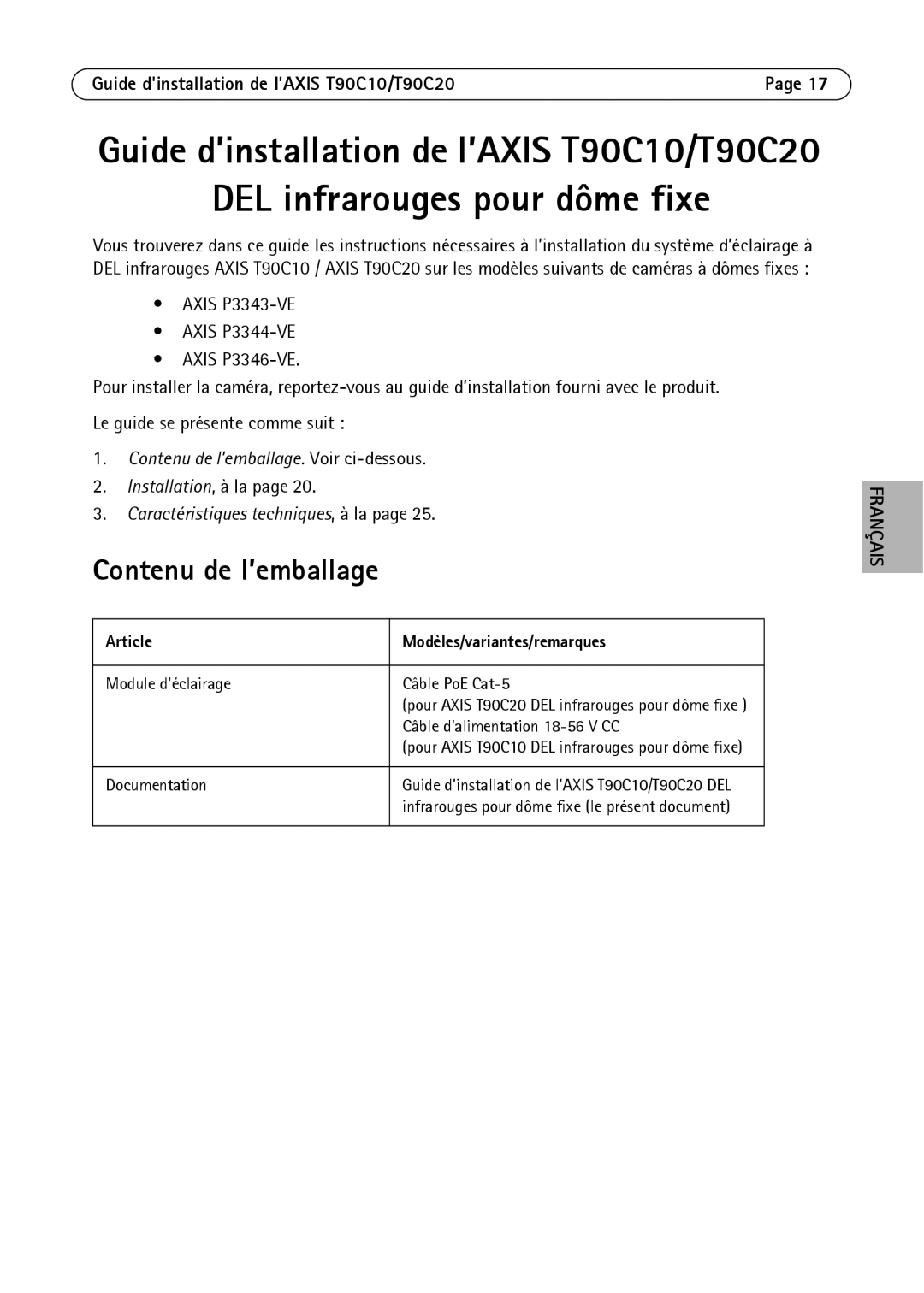 Axis Communications T90C20 DEL infrarouges pour dôme fixe, Contenu de l’emballage. Voir ci-dessous, Français, Article 