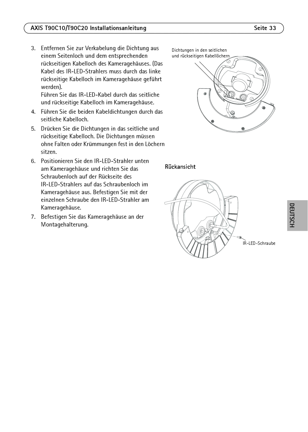 Axis Communications manual AXIS T90C10/T90C20 Installationsanleitung, Rückansicht, Deutsch, IR-LED-Schraube 