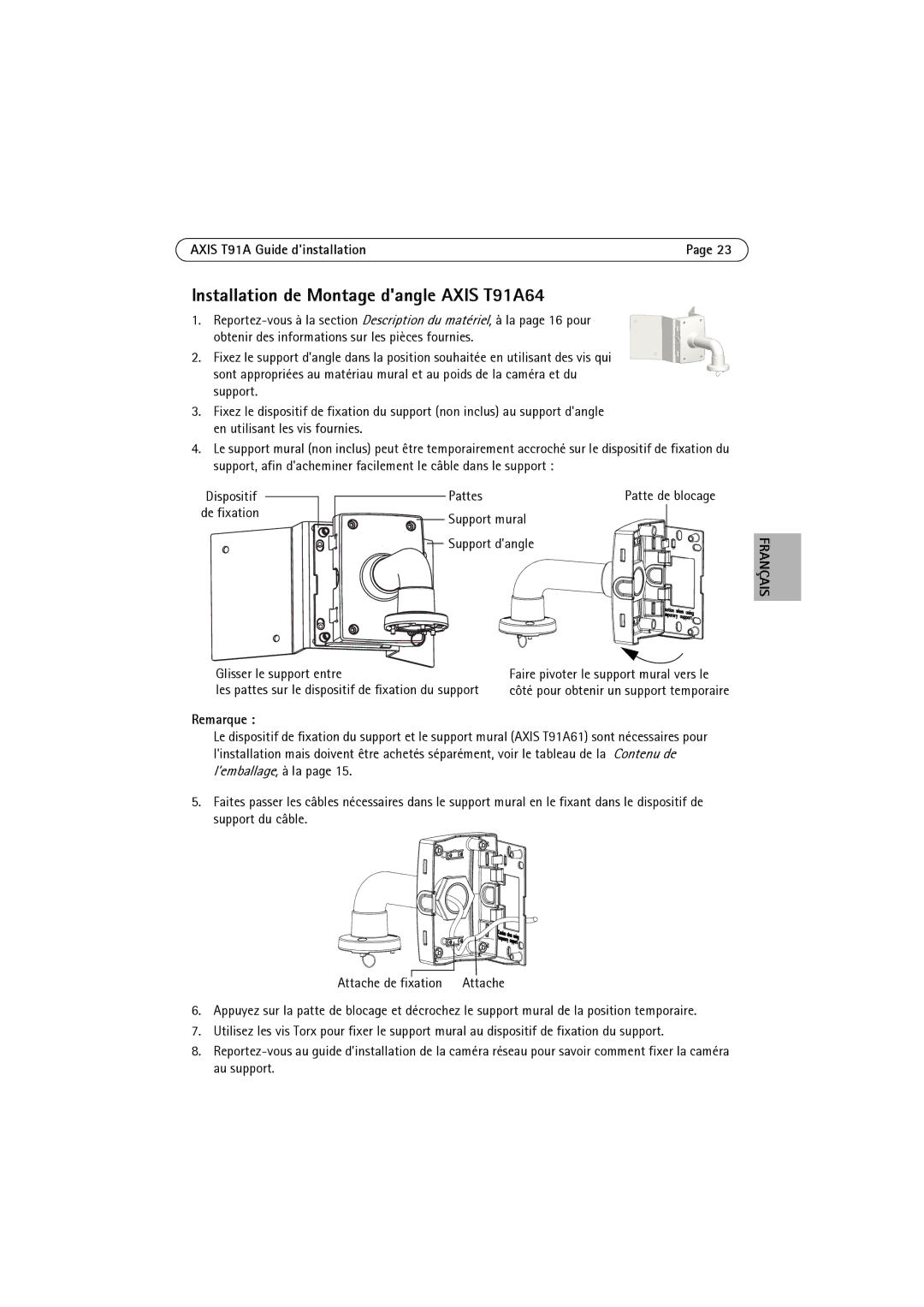 Axis Communications t91a61 manual Installation de Montage dangle Axis T91A64, Fran Çais 