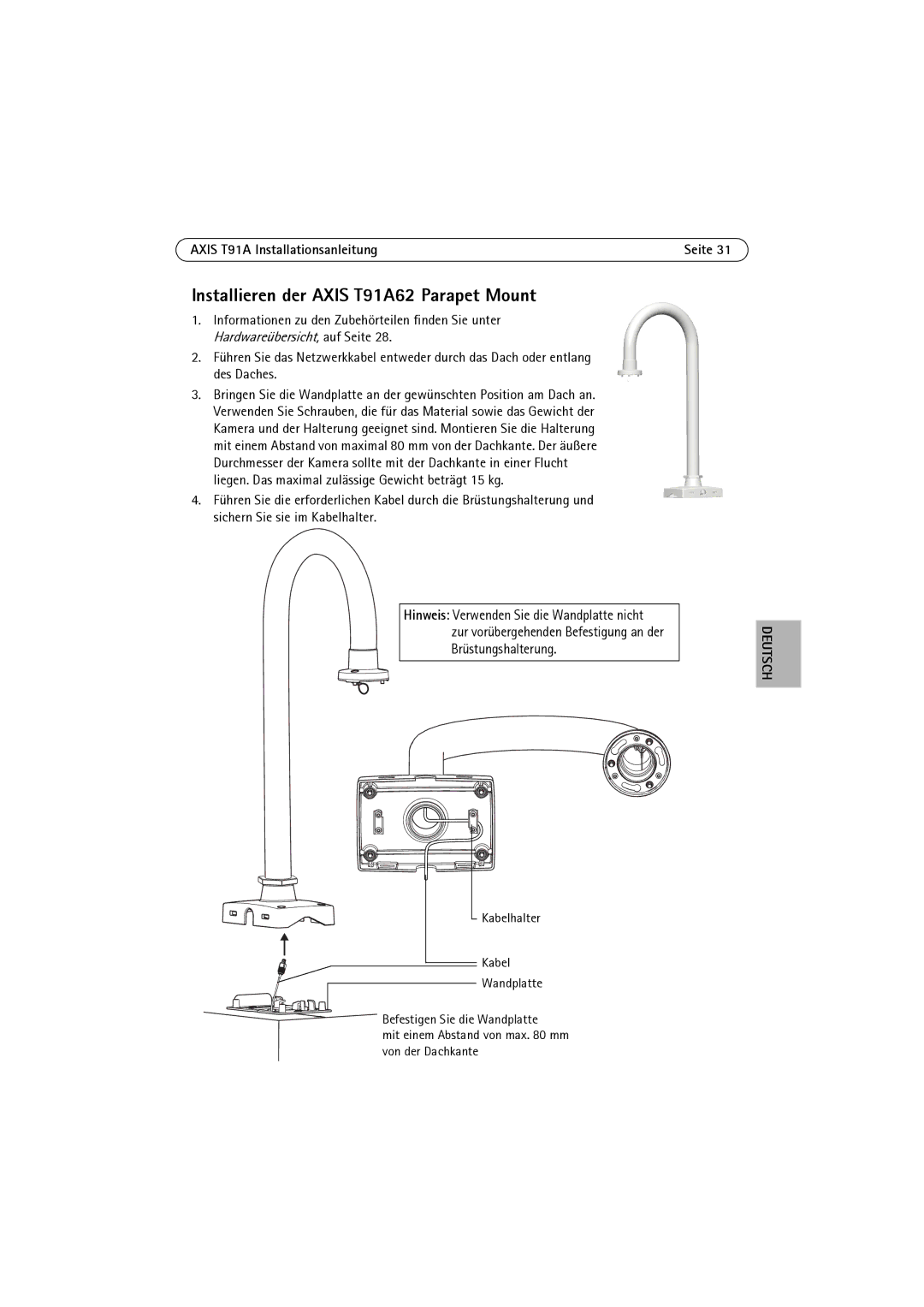 Axis Communications t91a61 manual Installieren der Axis T91A62 Parapet Mount 