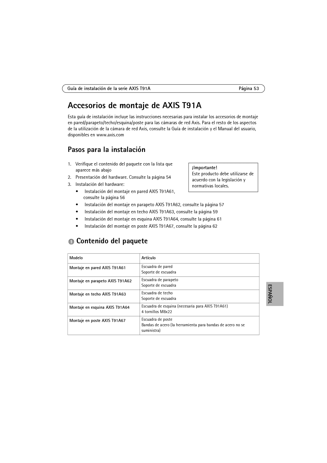 Axis Communications t91a61 Pasos para la instalación, Contenido del paquete, Guía de instalación de la serie Axis T91A 