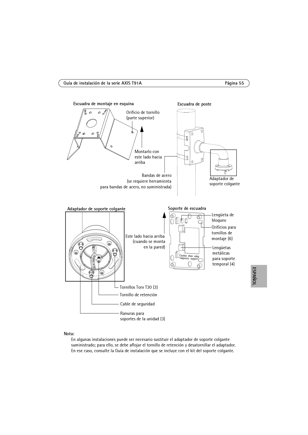 Axis Communications t91a61 manual Adaptador de soporte colgante, Soporte de escuadra 