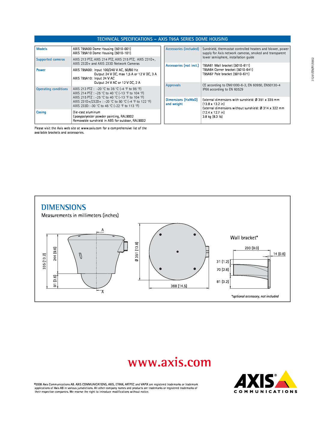 Axis Communications manual Dimensions, TECHNICAL SPECIFICATIONS - AXIS T95A SERIES DOME HOUSING, 13.2, Approvals 