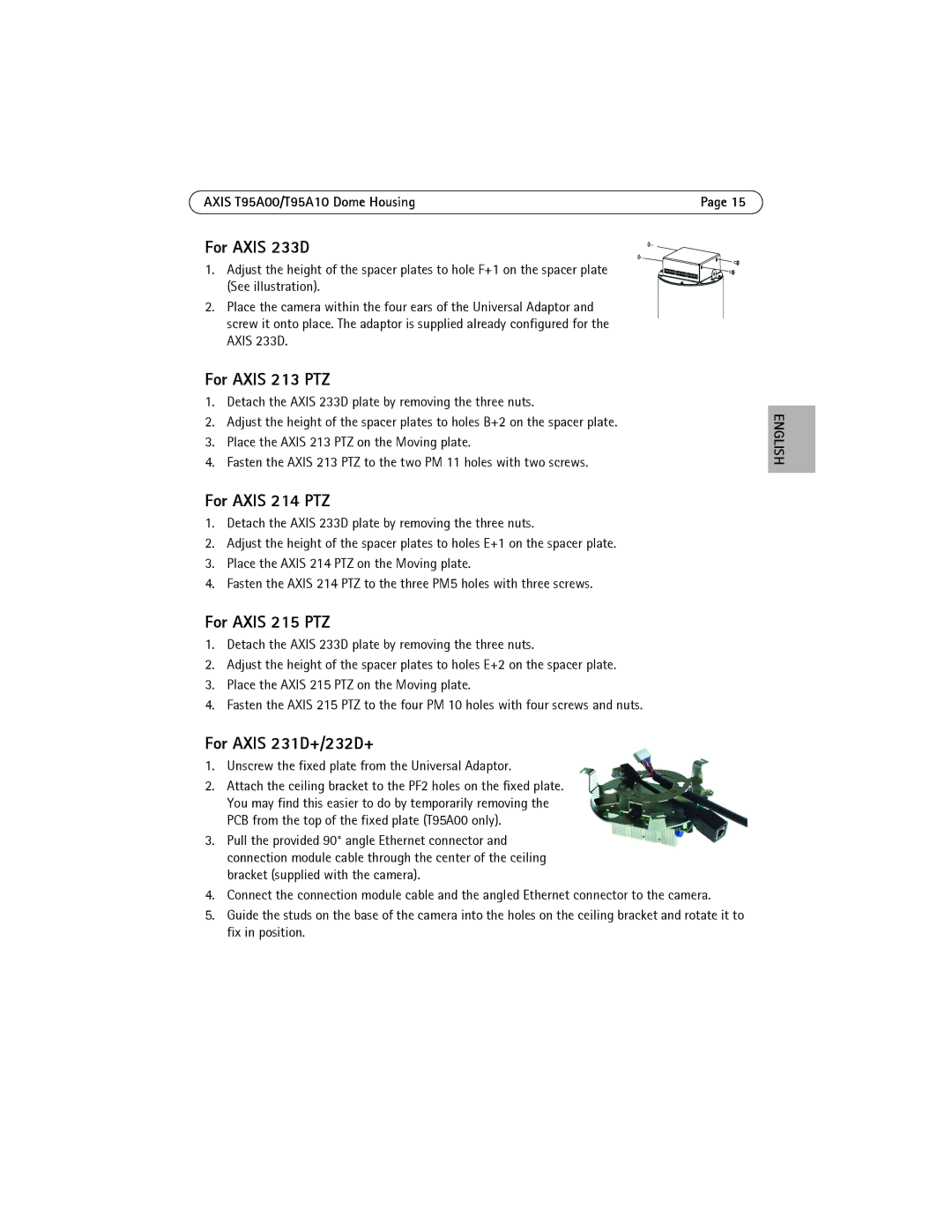 Axis Communications T95A00 manual For Axis 233D, For Axis 213 PTZ, For Axis 214 PTZ, For Axis 215 PTZ, For Axis 231D+/232D+ 