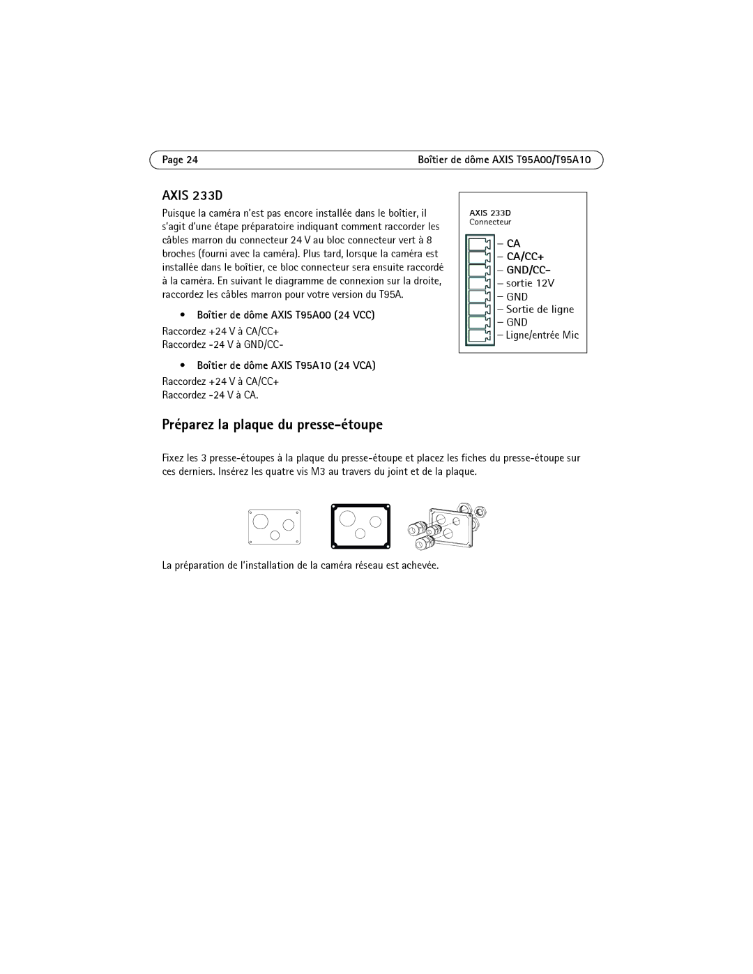 Axis Communications T95A10 manual Préparez la plaque du presse-étoupe, Boîtier de dôme Axis T95A00 24 VCC 