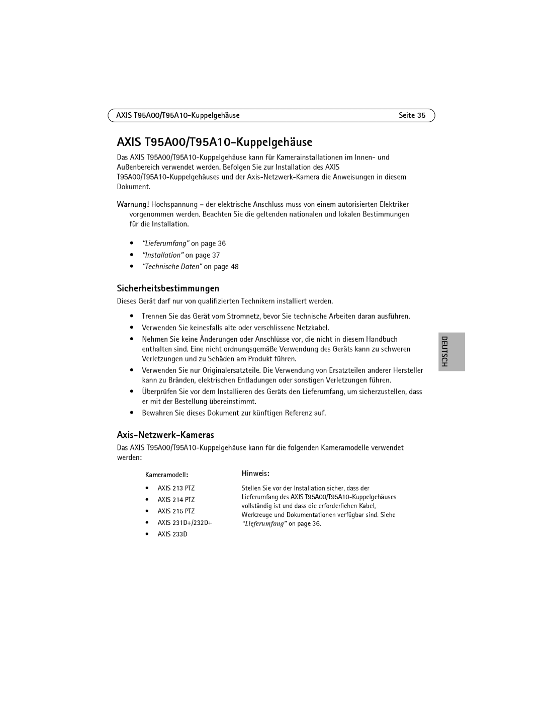 Axis Communications manual Axis T95A00/T95A10-Kuppelgehäuse, Sicherheitsbestimmungen, Axis-Netzwerk-Kameras, Hinweis 