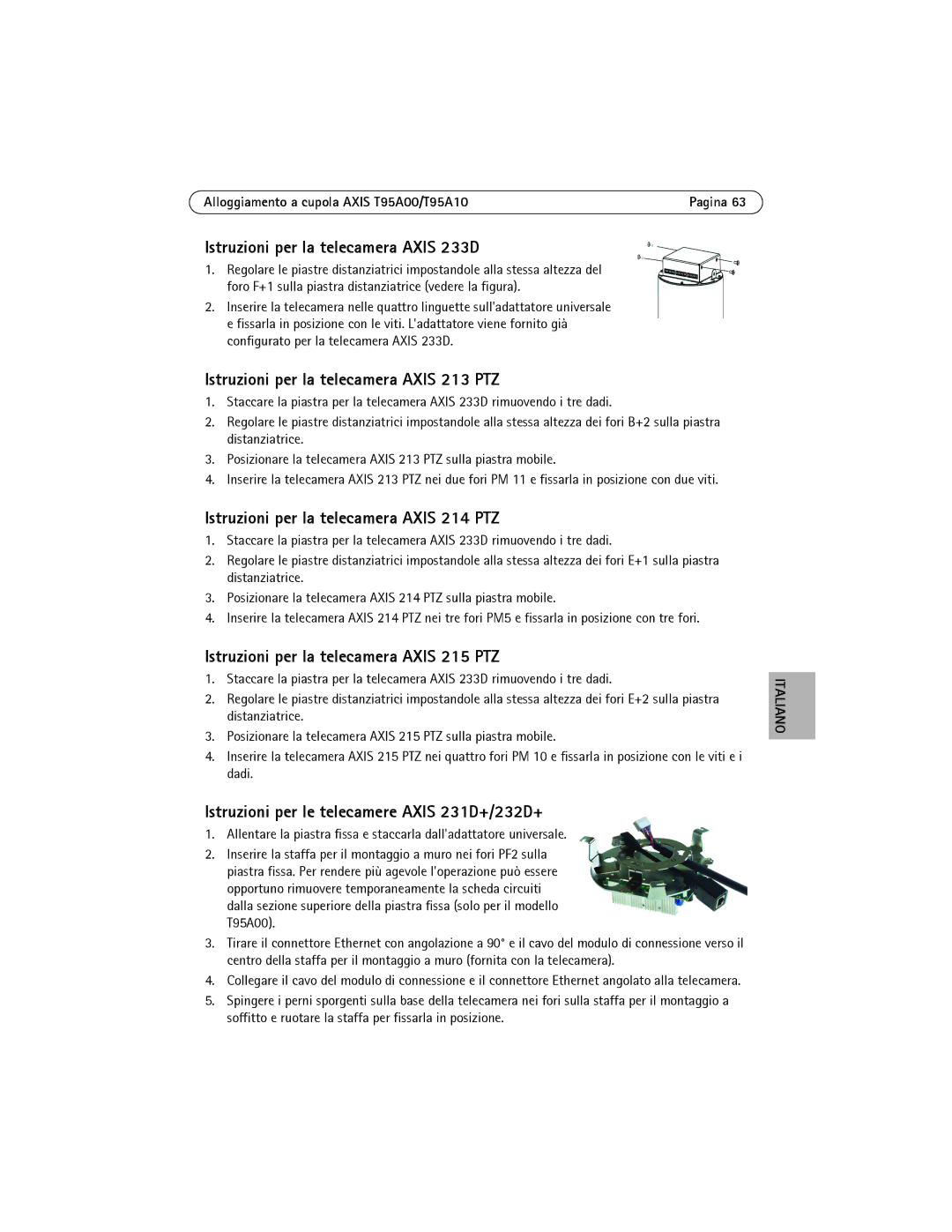 Axis Communications T95A00, T95A10 manual Istruzioni per la telecamera Axis 233D, Istruzioni per la telecamera Axis 213 PTZ 