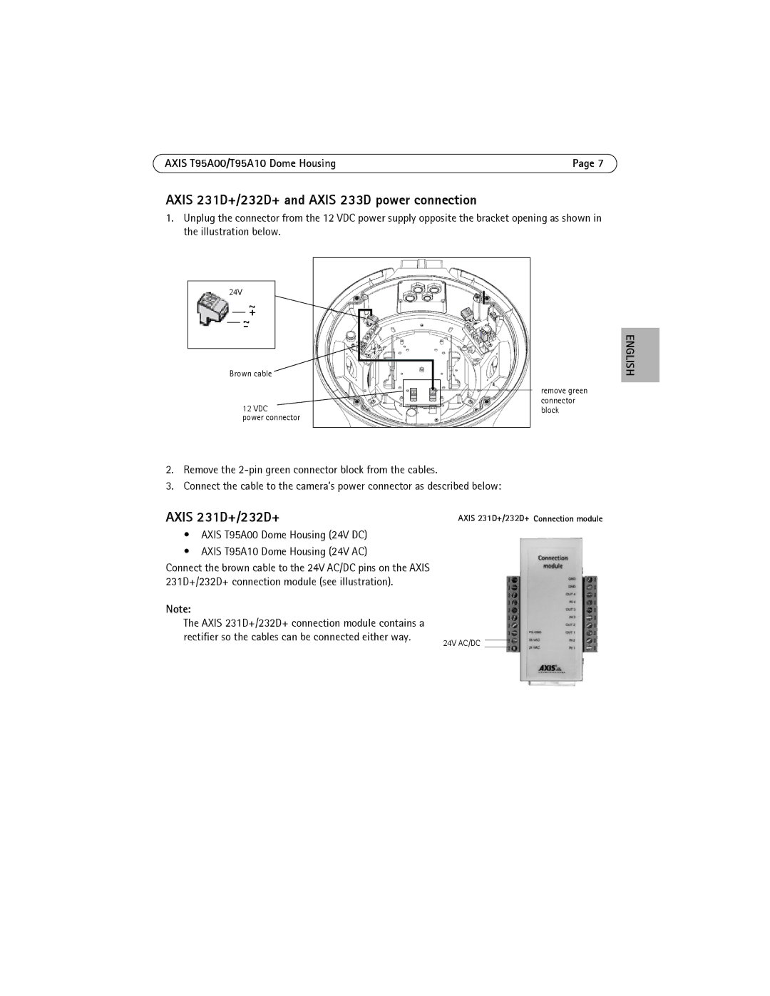 Axis Communications T95A00, T95A10 manual Axis 231D+/232D+ and Axis 233D power connection 