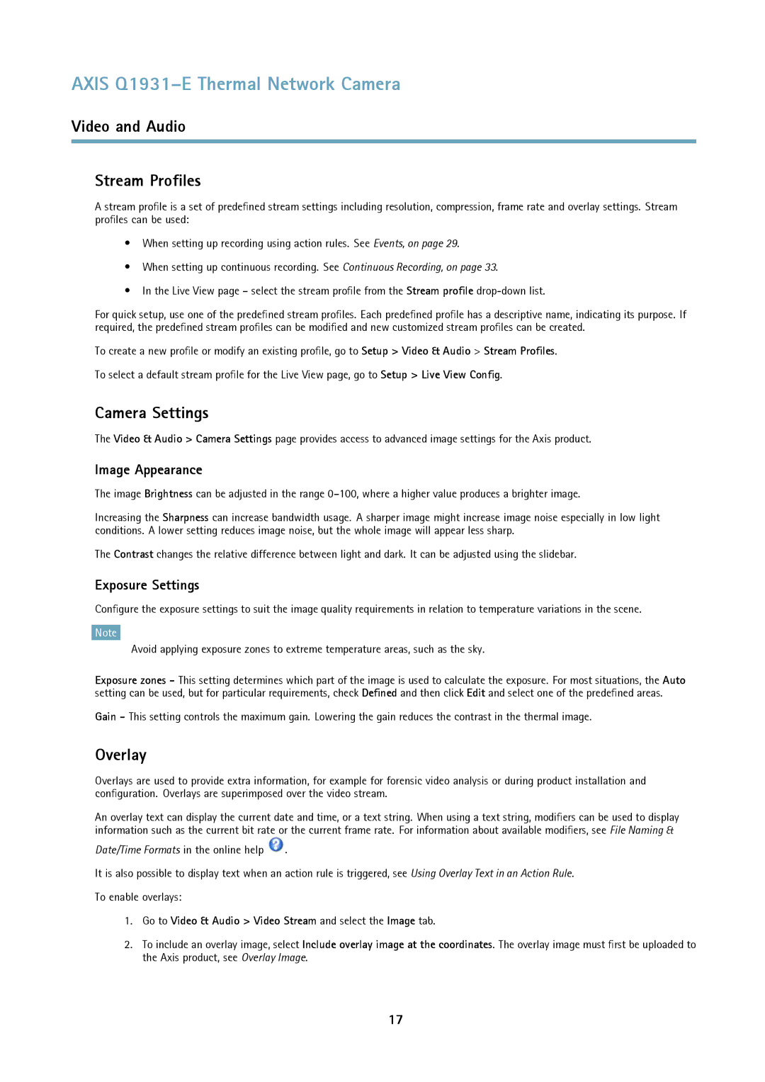 Axis Communications thermal network camera Video and Audio Stream Profiles, Camera Settings, Overlay, Image Appearance 