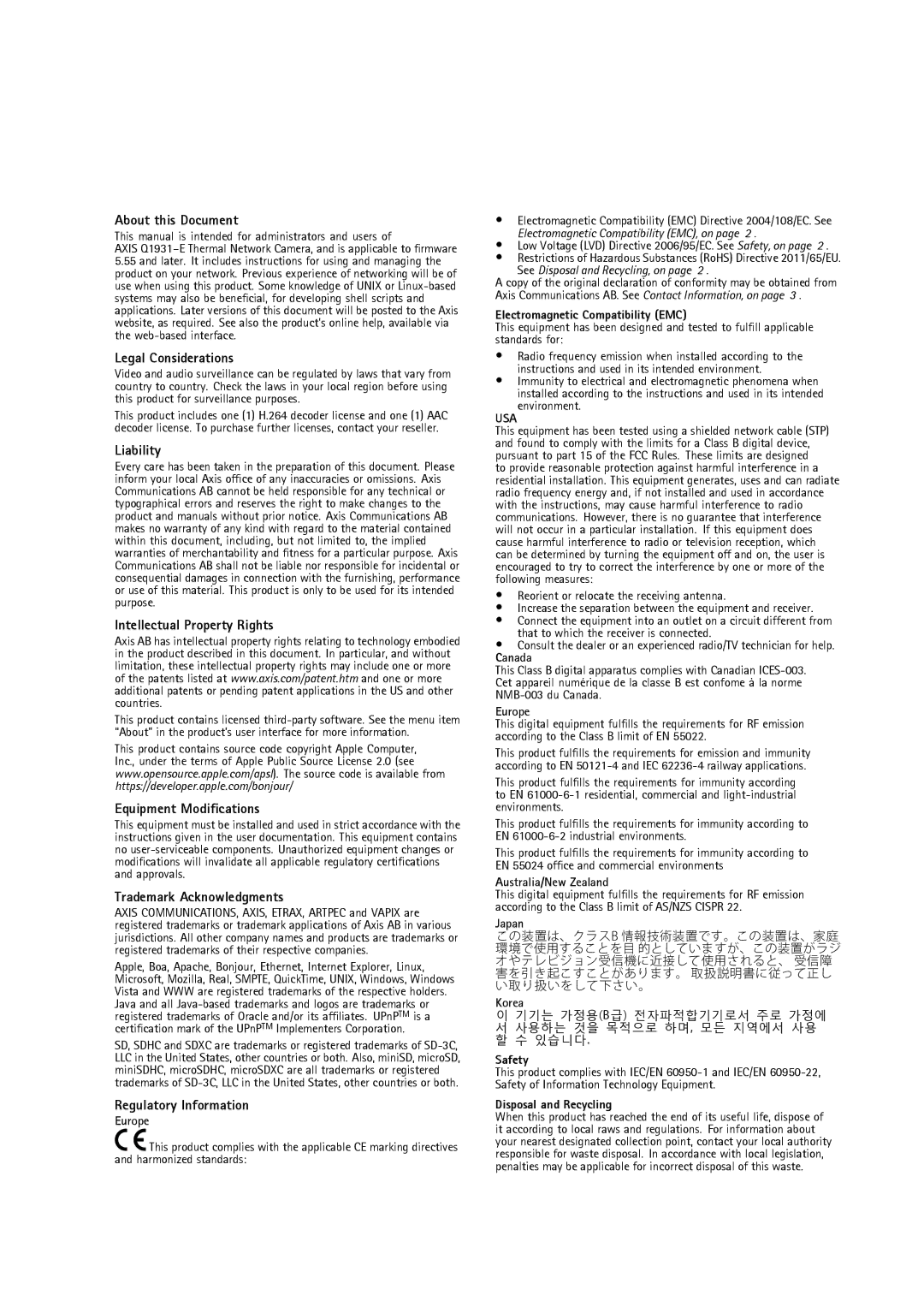 Axis Communications thermal network camera About this Document, Legal Considerations, Liability, Equipment Modifications 