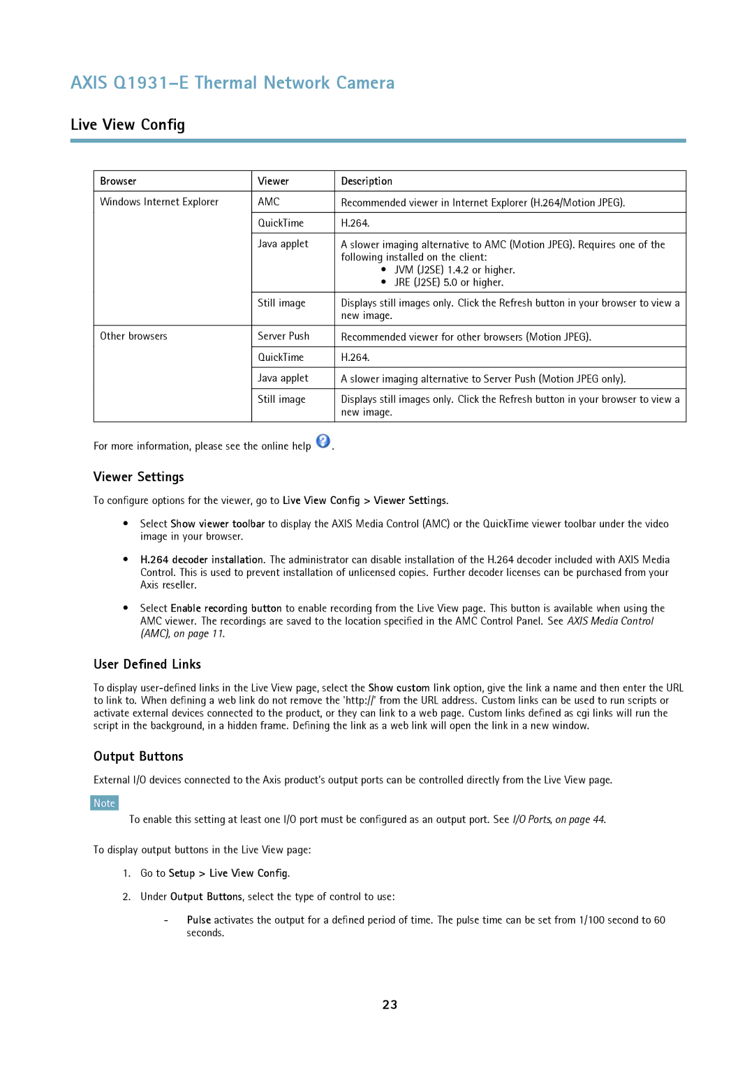 Axis Communications thermal network camera Viewer Settings, User Defined Links, Output Buttons, Browser Viewer Description 