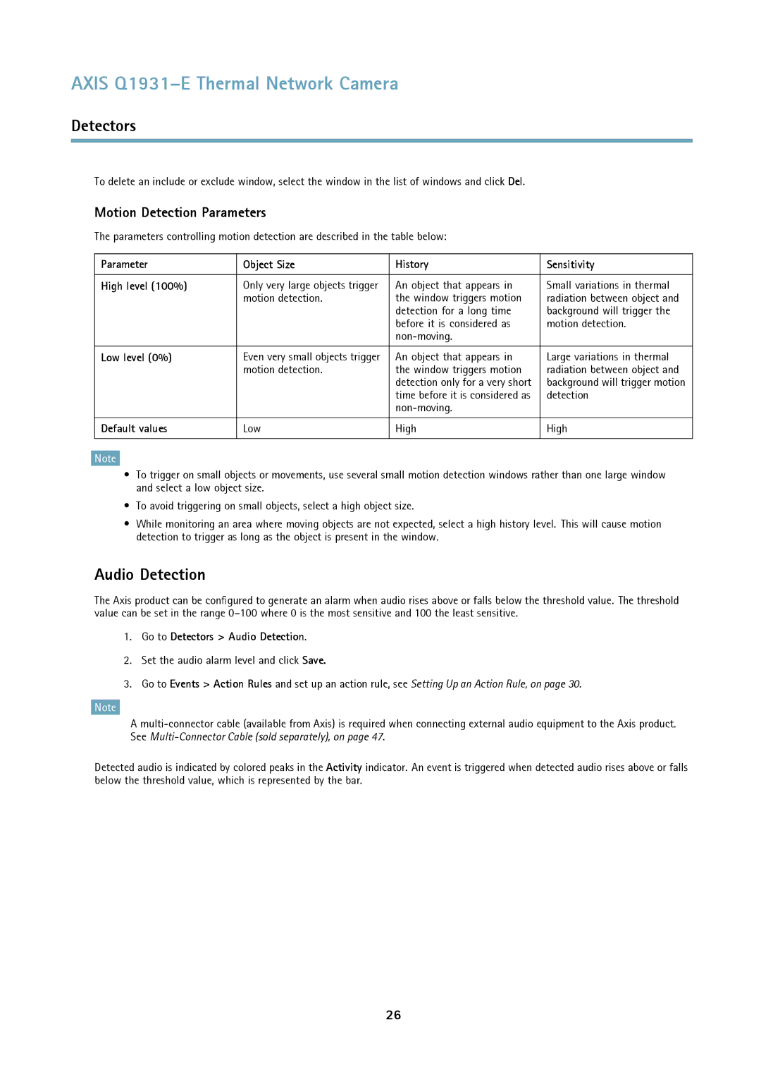 Axis Communications thermal network camera user manual Audio Detection, Motion Detection Parameters 