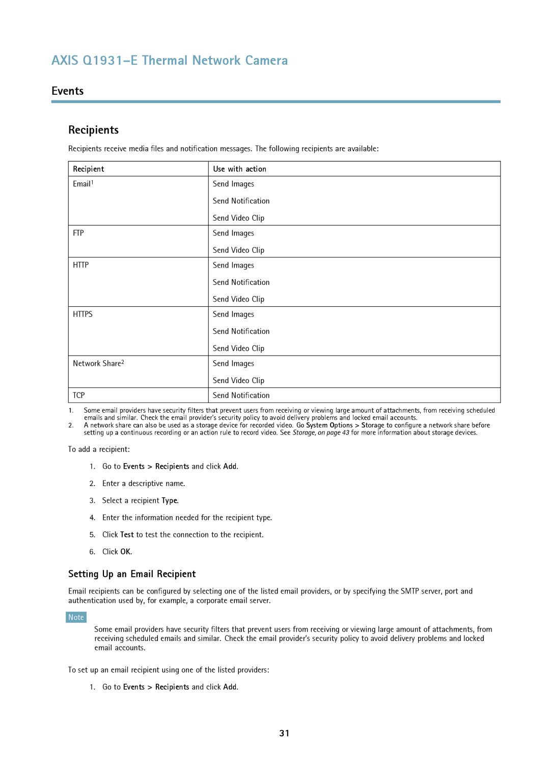 Axis Communications thermal network camera Events Recipients, Setting Up an Email Recipient, Recipient Use with action 