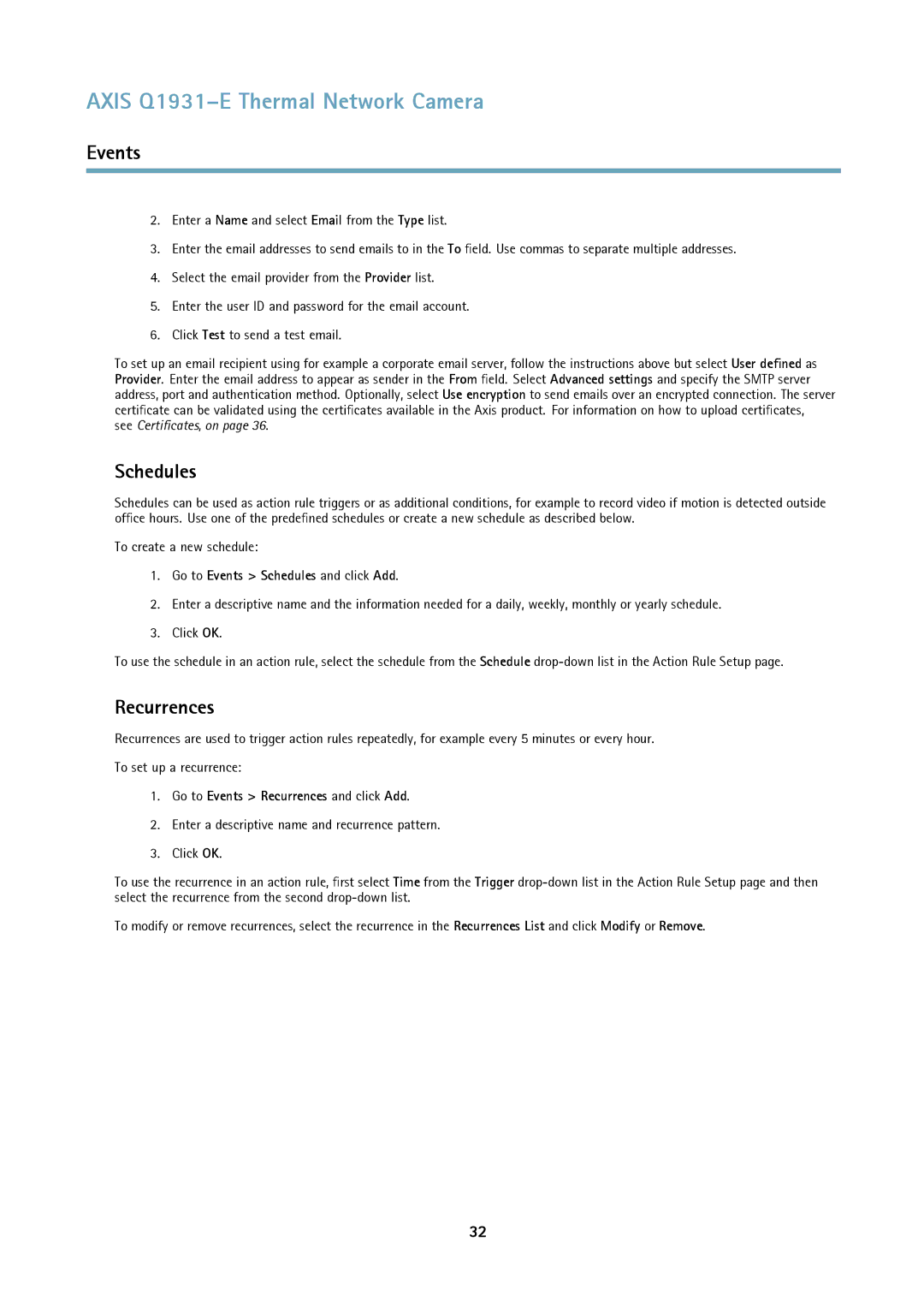 Axis Communications thermal network camera user manual Schedules, Recurrences, To create a new schedule 