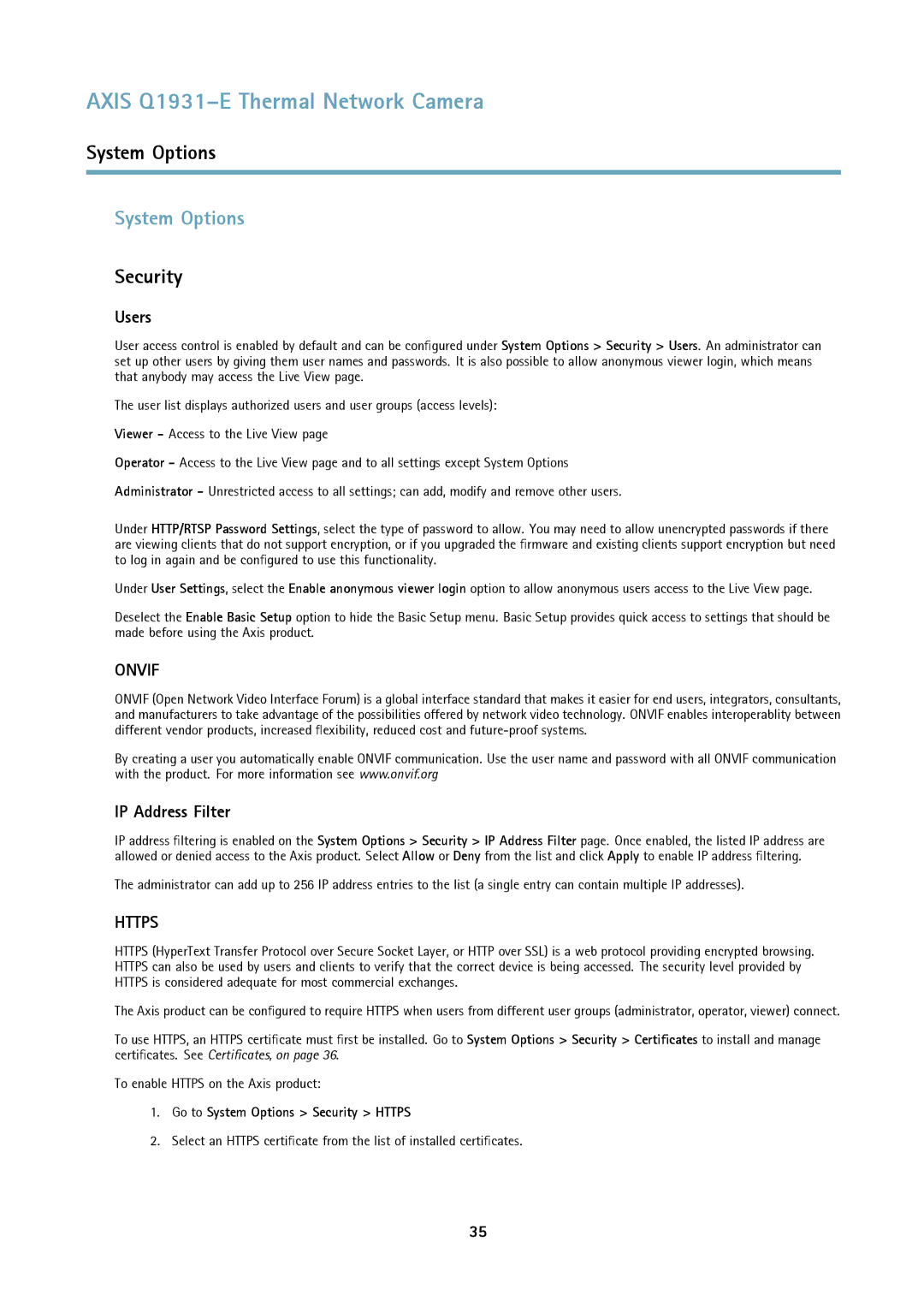 Axis Communications thermal network camera user manual System Options, Security, Users, IP Address Filter 