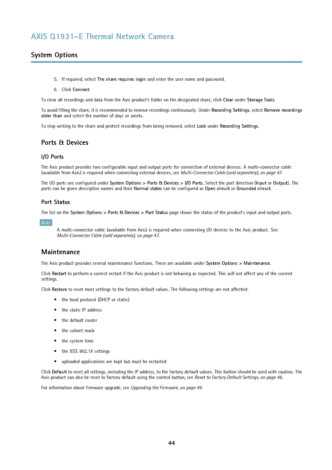 Axis Communications thermal network camera user manual Ports & Devices, Maintenance, Port Status 