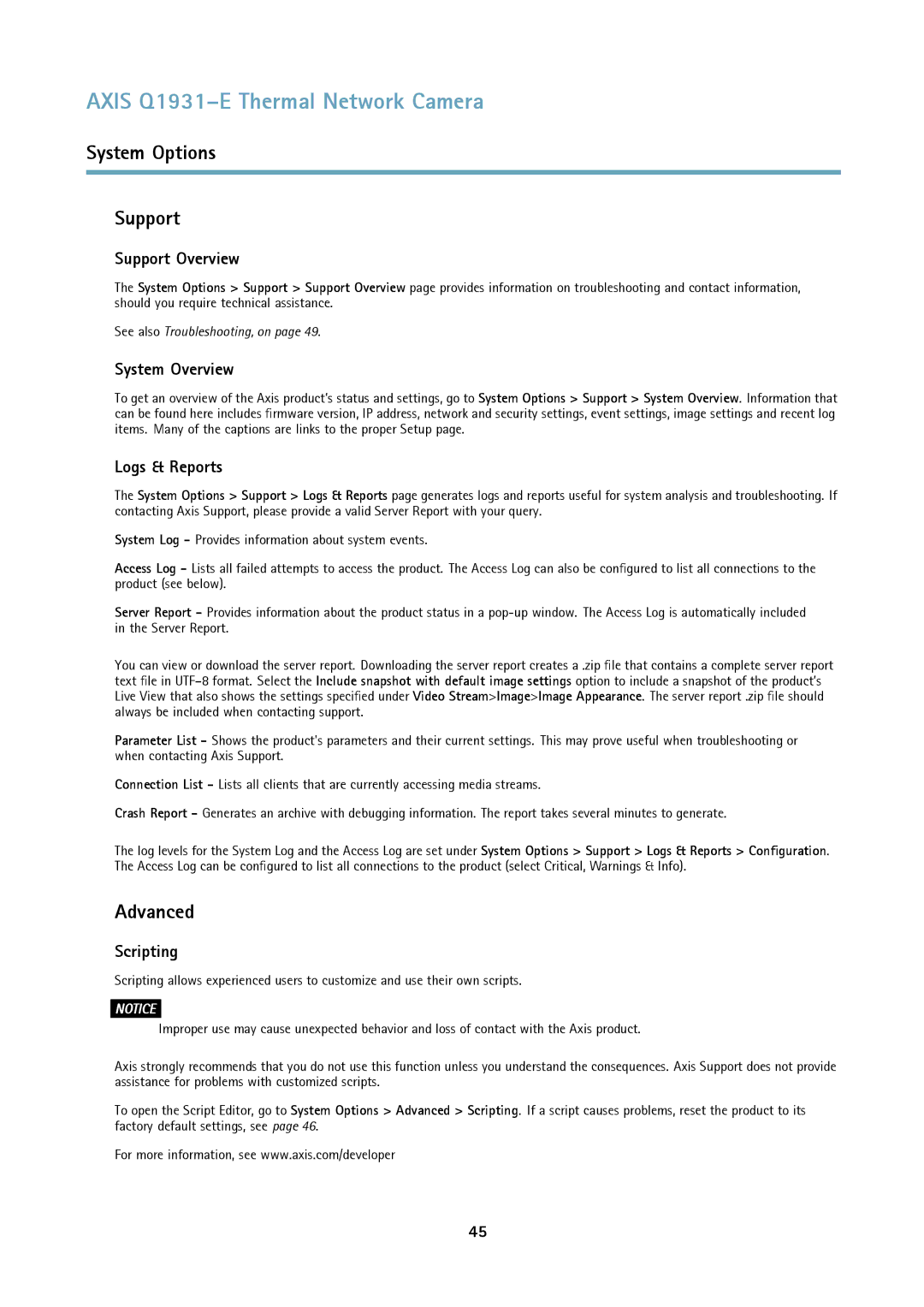 Axis Communications thermal network camera user manual System Options Support, Advanced 