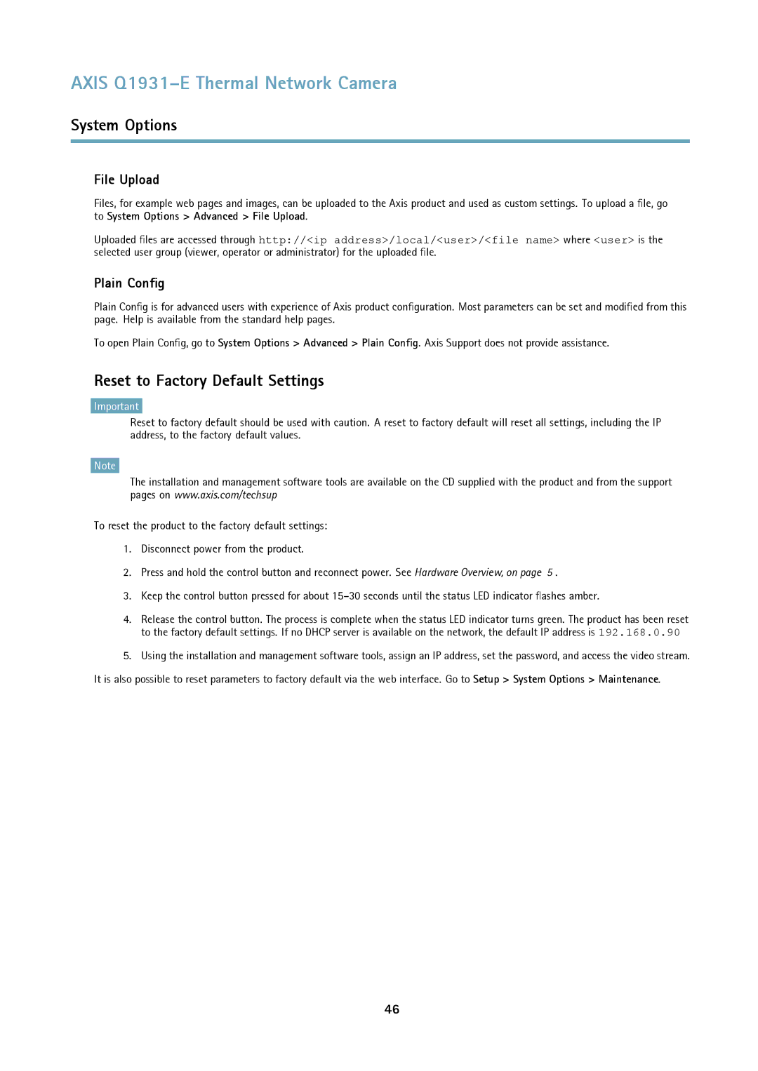 Axis Communications thermal network camera user manual Reset to Factory Default Settings, File Upload, Plain Config 