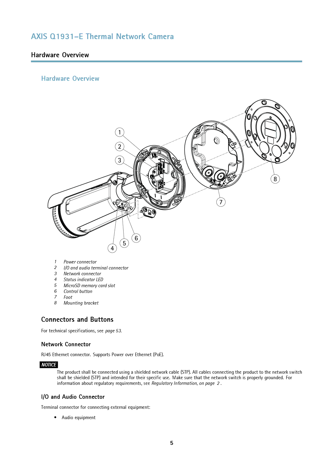 Axis Communications thermal network camera Hardware Overview, Connectors and Buttons, Network Connector, Audio Connector 