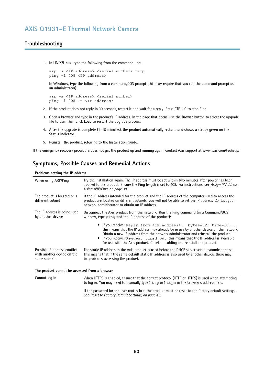 Axis Communications thermal network camera Symptoms, Possible Causes and Remedial Actions, Problems setting the IP address 